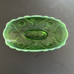 Jefferson Glass 1902 Jewel And Fan Footed Banana Boat Green Opalescent Antique